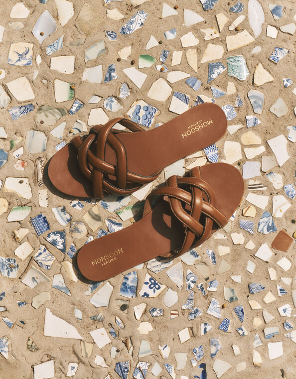 Safi Woven Leather Slide Sandals, Tan (TAN), large