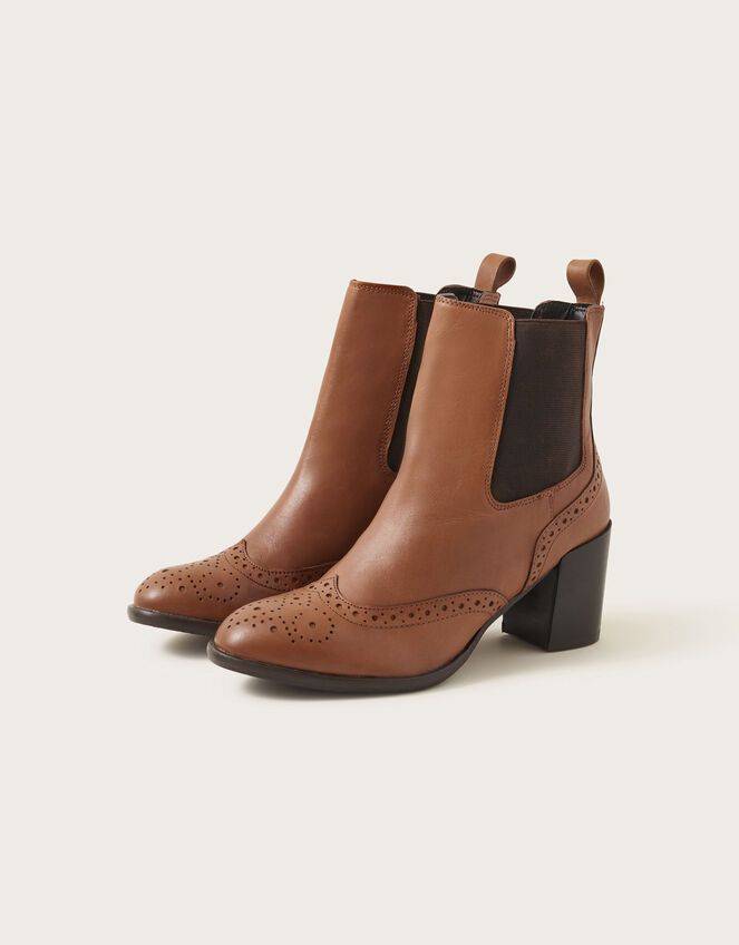 Classic Leather Heeled Brogue Boots, Tan (TAN), large
