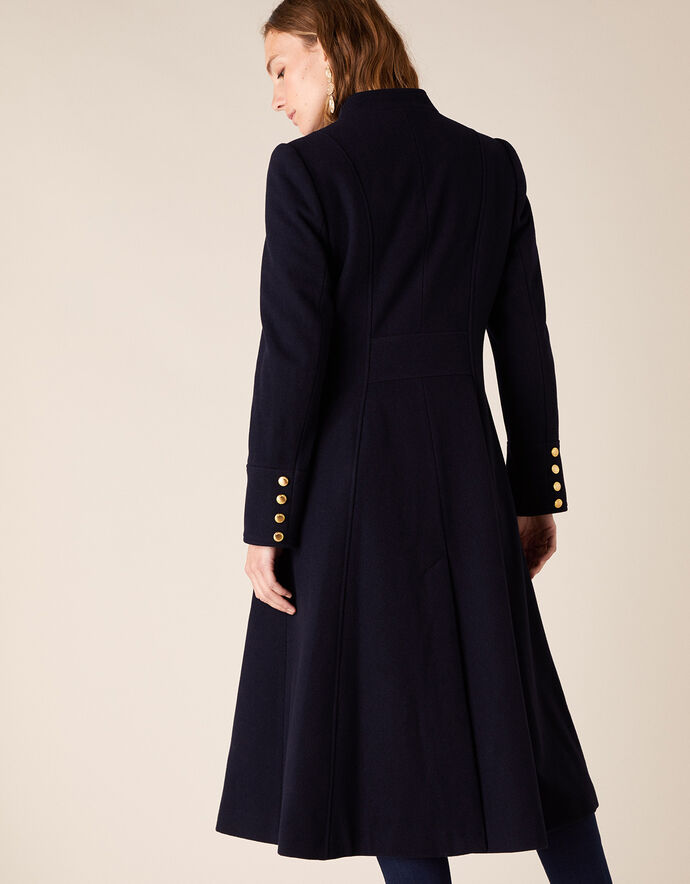 Rosaline Long Military Coat in Wool Blend Blue Women's Coats