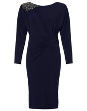 Danielle Beaded Shoulder Jersey Dress, Blue (NAVY), large