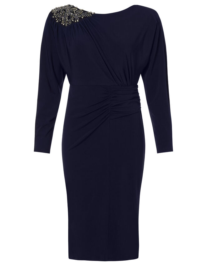 Danielle Beaded Shoulder Jersey Dress, Blue (NAVY), large