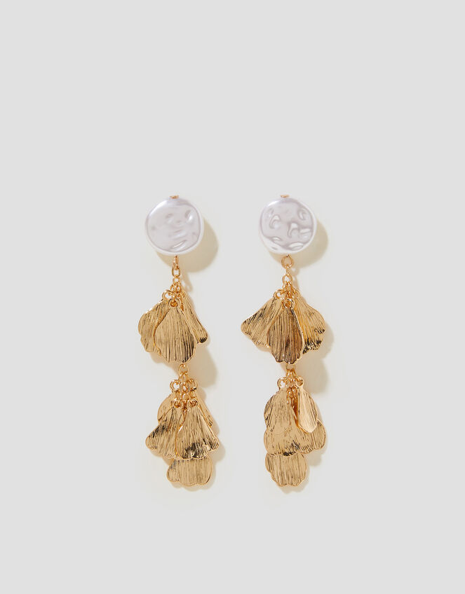 Pearl Chain Leaf Drop Earrings, , large