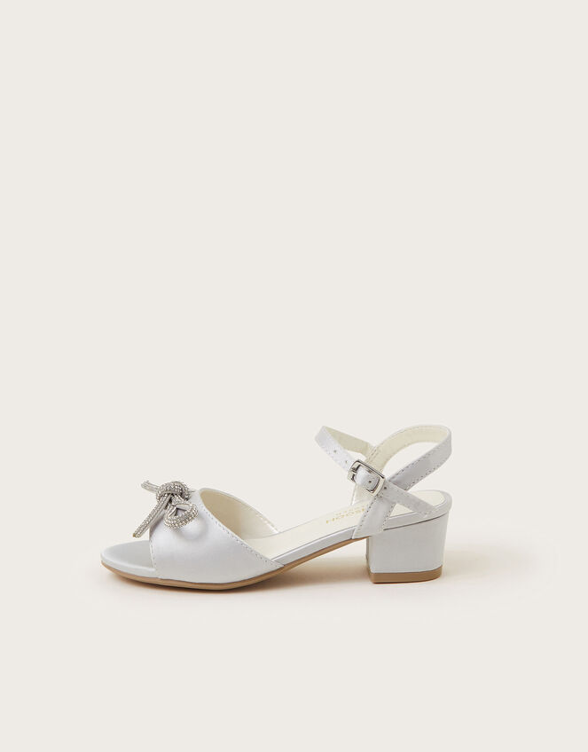 Diamante Bow Satin Heeled Sandals, Silver (SILVER), large