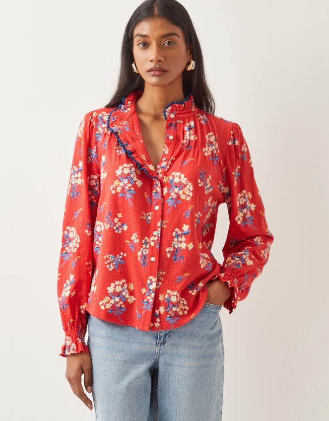 Sarah Frill Floral Print Shirt, Red (RED), large