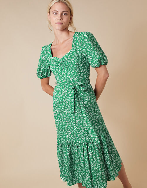 Roxie Rose Print Dress in Organic Cotton, Green (GREEN), large