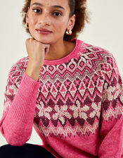 Fair Isle Longline Jumper with Recycled Polyester, Pink (PINK), large