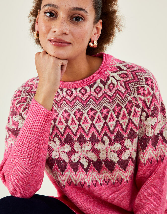Fair Isle Longline Jumper with Recycled Polyester Pink