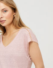 Liza Metallic Stitching T-shirt in Pure Linen, Pink (BLUSH), large