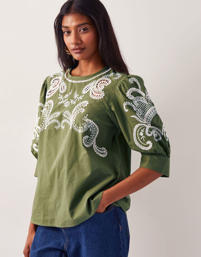 Noemi Embroidered Cotton Top, Green (KHAKI), large