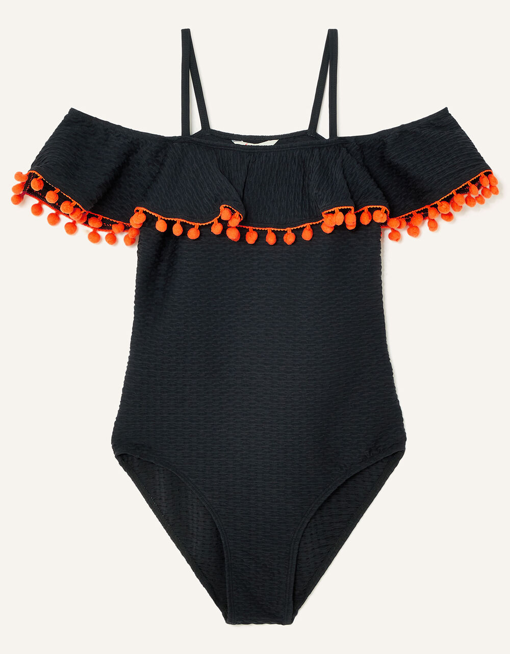 Children Girls 3-12yrs | Textured Bardot Pom-Pom Swimsuit Black - GC17722