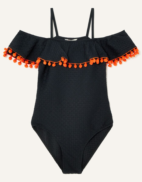 Textured Bardot Pom-Pom Swimsuit Black, Black (BLACK), large