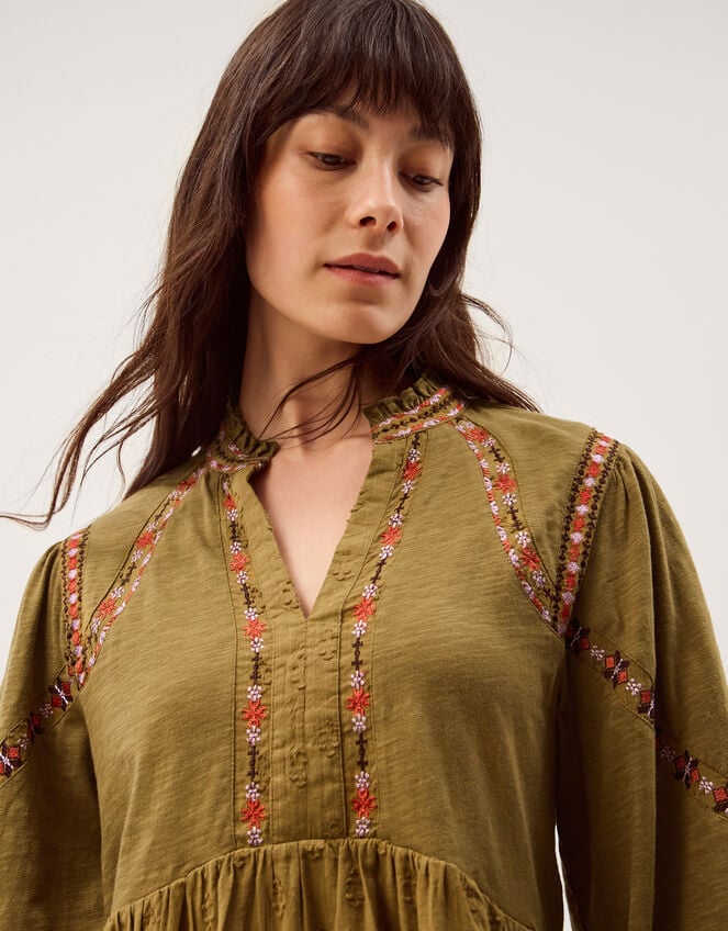 Fabia Embroidered Blouson Blouse, Green (KHAKI), large