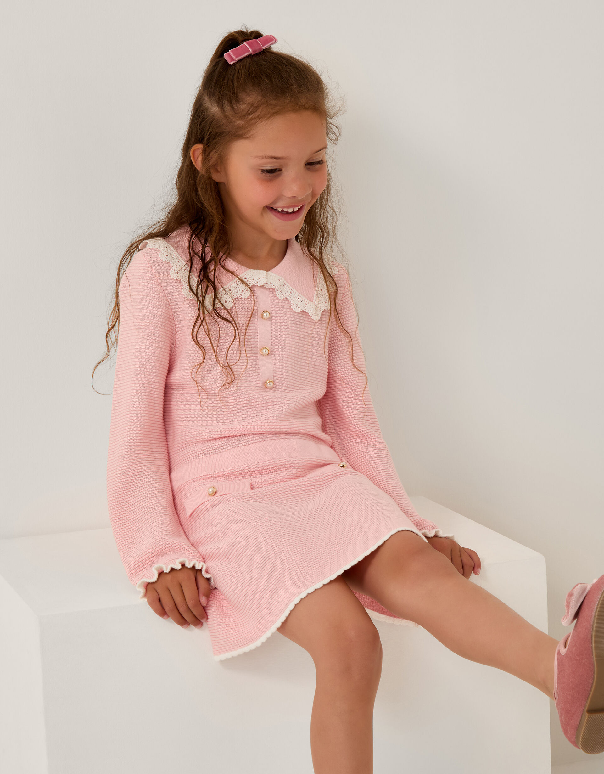 Lace Collar Knit Dress Pink