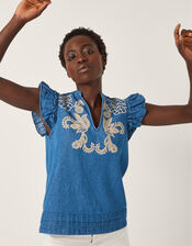Holly Embroidered Denim Top, Blue (DENIM BLUE), large
