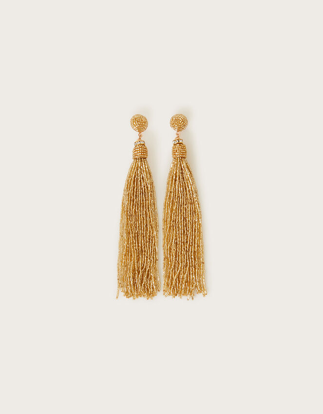 Beaded Tassel Earrings, Gold (GOLD), large