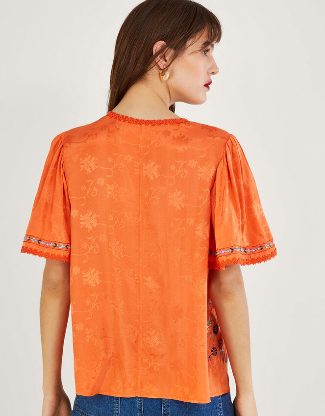 Odelia Embroidered Floral Top in Sustainable Viscose, Orange (ORANGE), large