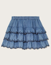 Embroidered Chambray Tiered Mini Skirt, Blue (NAVY), large
