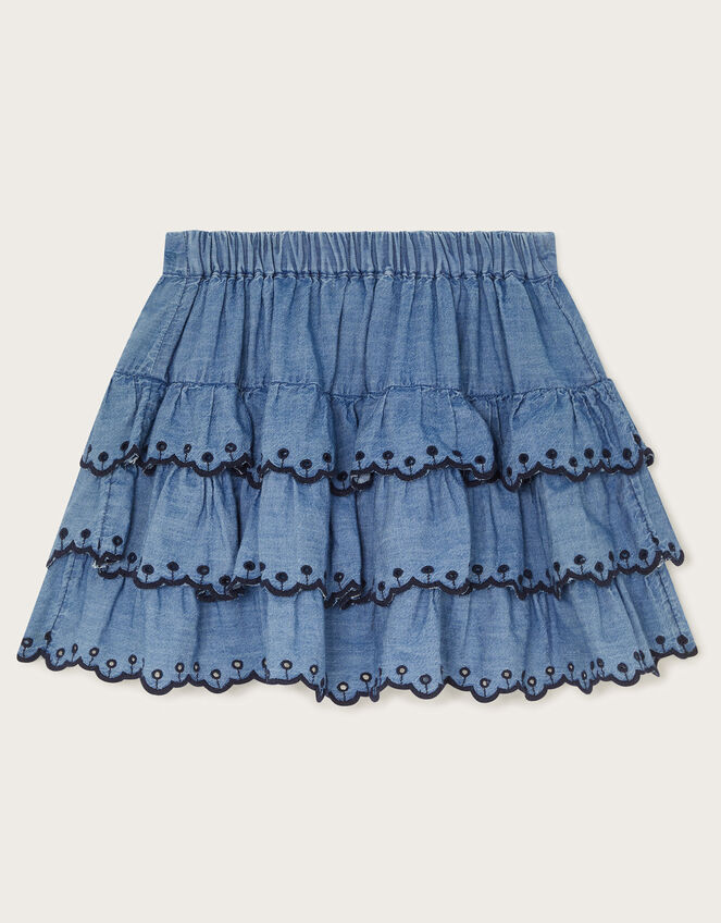 Embroidered Chambray Tiered Mini Skirt, Blue (NAVY), large