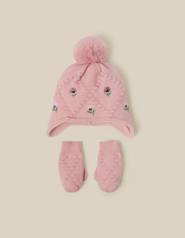 Baby Floral Trapper Hat & Mittens Set, Pink (PINK), large