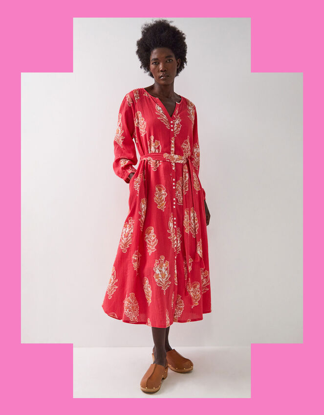 East Floral Print Belted Midi Dress, Red (RED), large