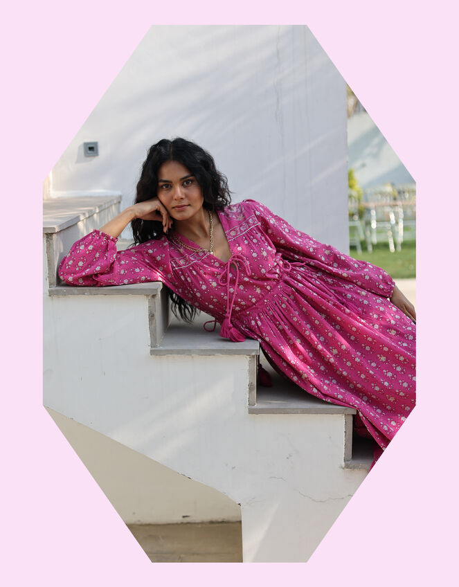 Dilli Grey Fifi Block Print Midi Dress, Pink (MAGENTA), large