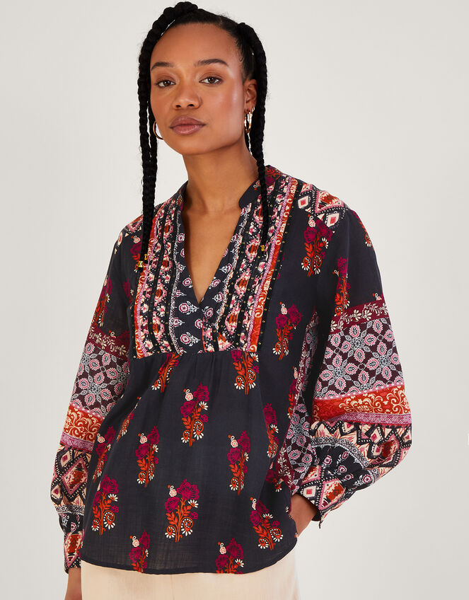 Print Heritage Smock Top with Sustainable Cotton Black