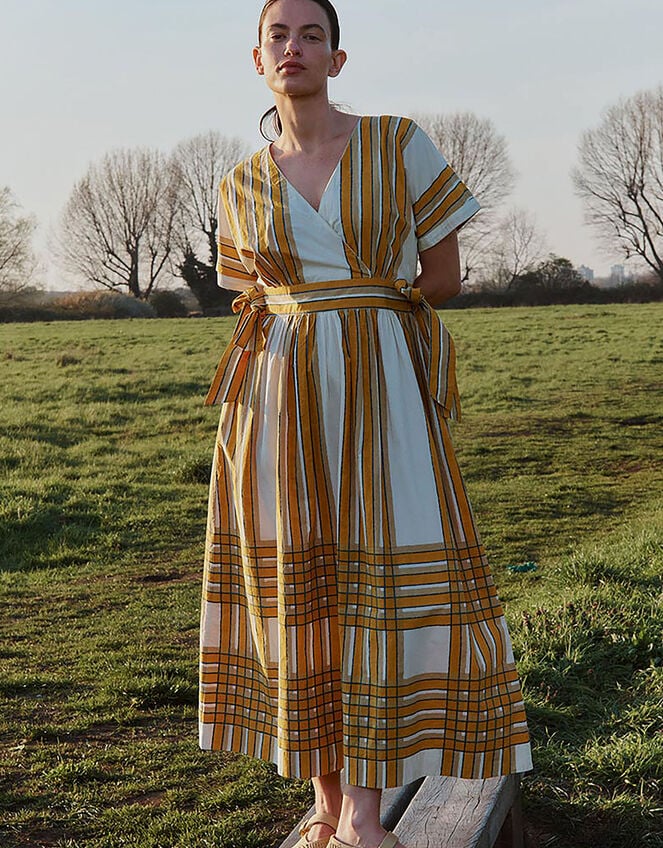 East Alana Hand-Woodblock Tonal Check Striped Midi Dress, Yellow (YELLOW), large