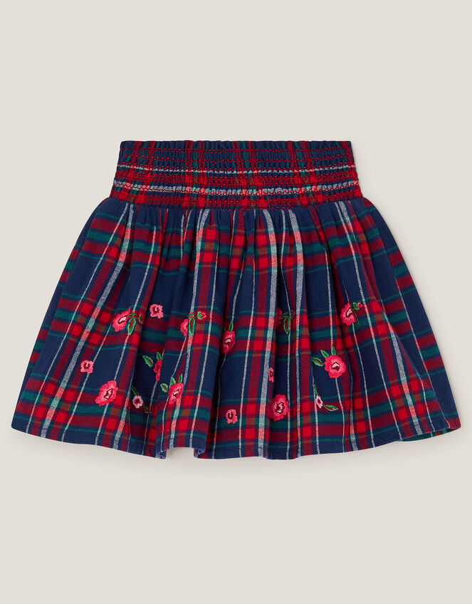 Floral Embroidered Tartan Skirt, Red (RED), large