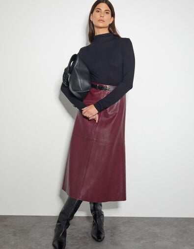 Pippa Faux Leather Midi Skirt, Red (BURGUNDY), large