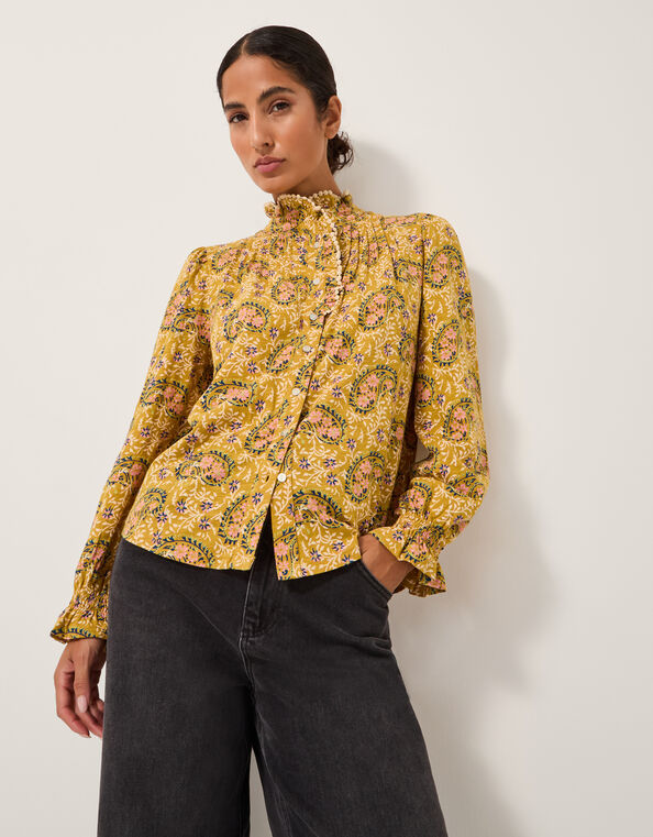 Mabel Paisley Jersey Frill Shirt, Yellow (OCHRE), large