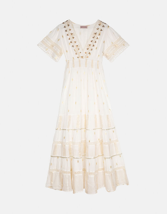 Piti Cuiti Embellished Short Sleeve Maxi Dress, White (WHITE), large