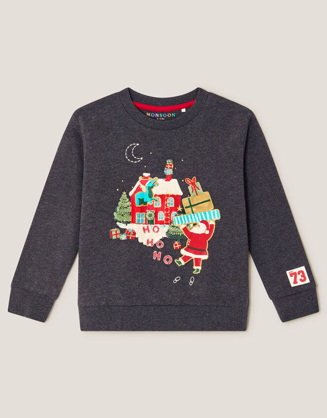 Christmas Santa Scene Sweatshirt, Grey (CHARCOAL), large