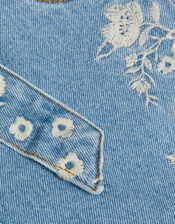 Floral Embroidered Belted Denim Shorts, Blue (BLUE), large