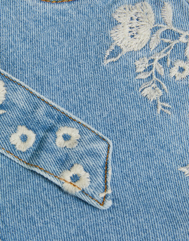 Floral Embroidered Belted Denim Shorts, Blue (BLUE), large