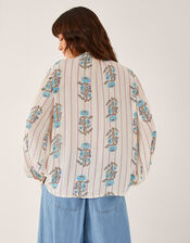 Elora Floral Stripe Tie Blouse, Ivory (IVORY), large