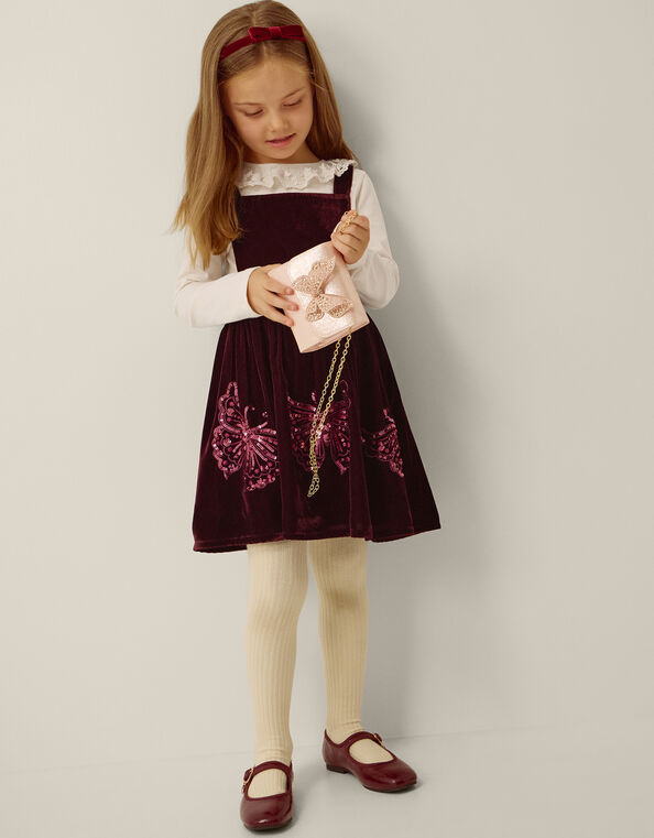 Long Sleeve Top & Velvet Pinafore Dress Set, Red (BURGUNDY), large