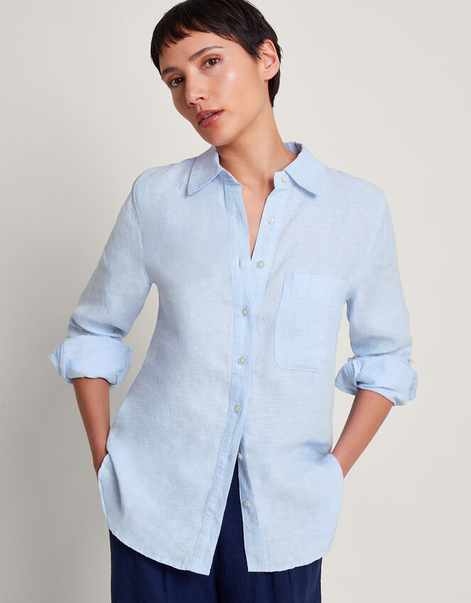 Charlie Longline Linen Shirt, Blue (BLUE), large