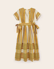 East Alana Hand-Woodblock Tonal Check Striped Midi Dress, Yellow (YELLOW), large