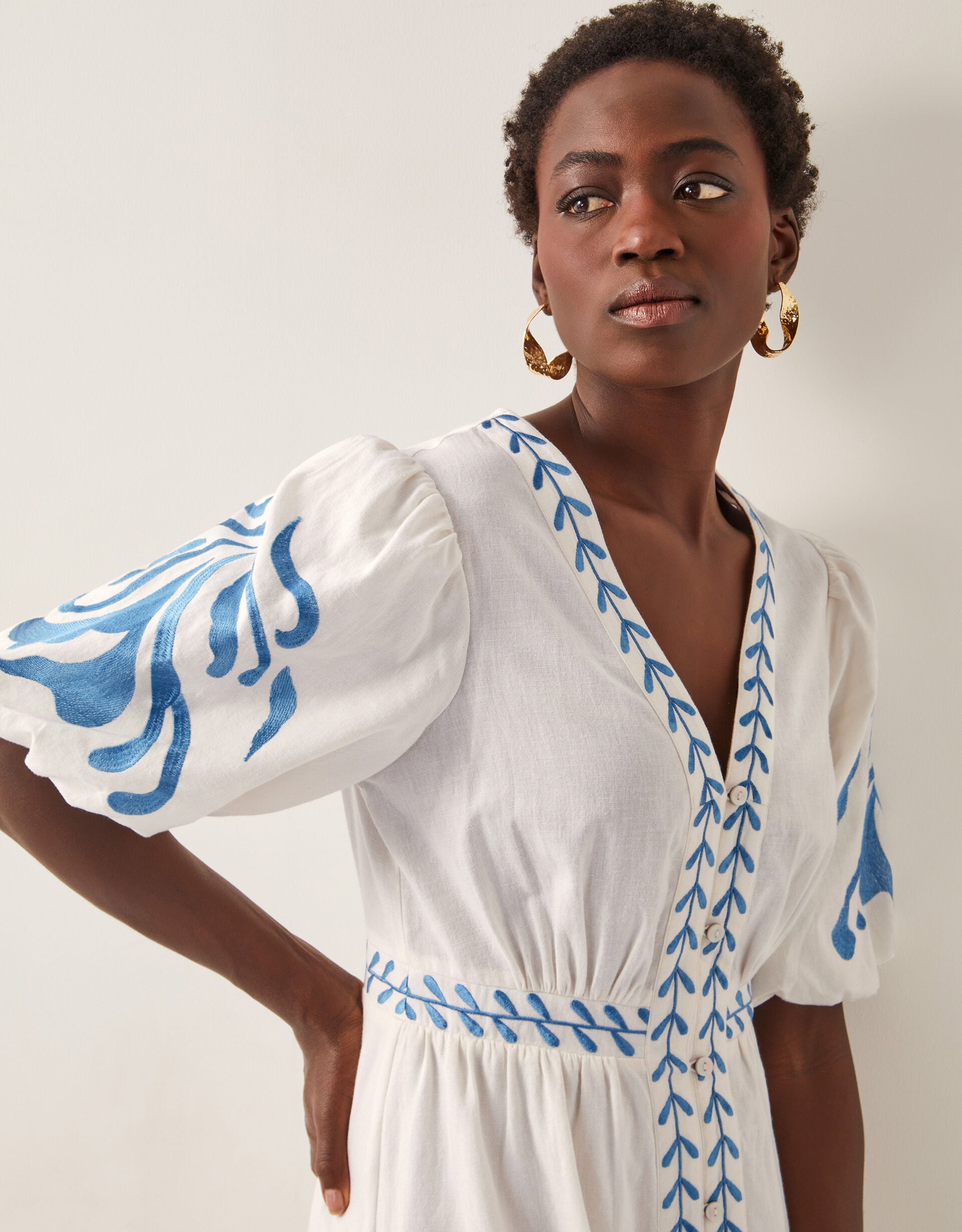 Maria Embroidered Puff Sleeve Midi Dress White