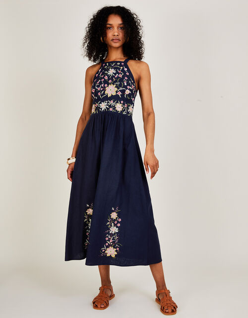 Leah Embroidered Midi Dress in Linen Blend , Blue (NAVY), large