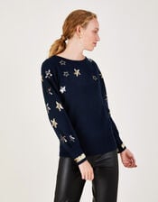 Sequin Star Jumper with Recycled Polyester, Blue (NAVY), large