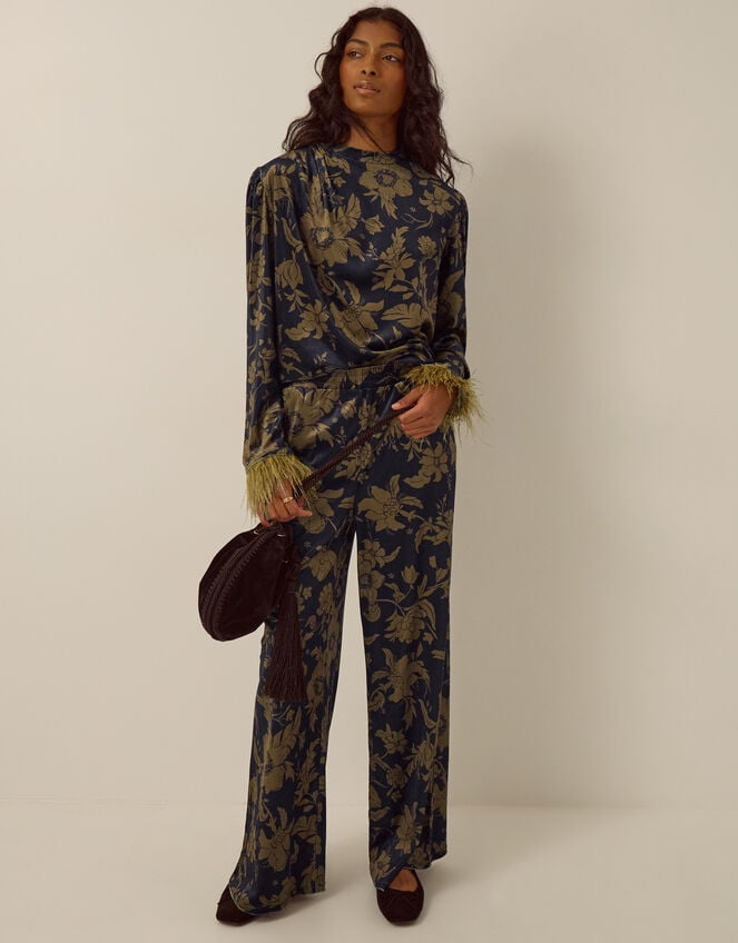 Princella Faux Feather Sleeve Floral Velvet Top, Blue (NAVY), large