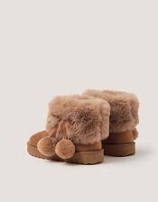 Fluffy Pom Ankle Boots, Tan (TAN), large