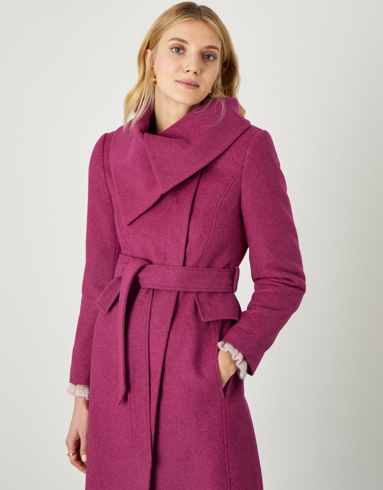 Keryn Wrap Collar Belted Coat Pink