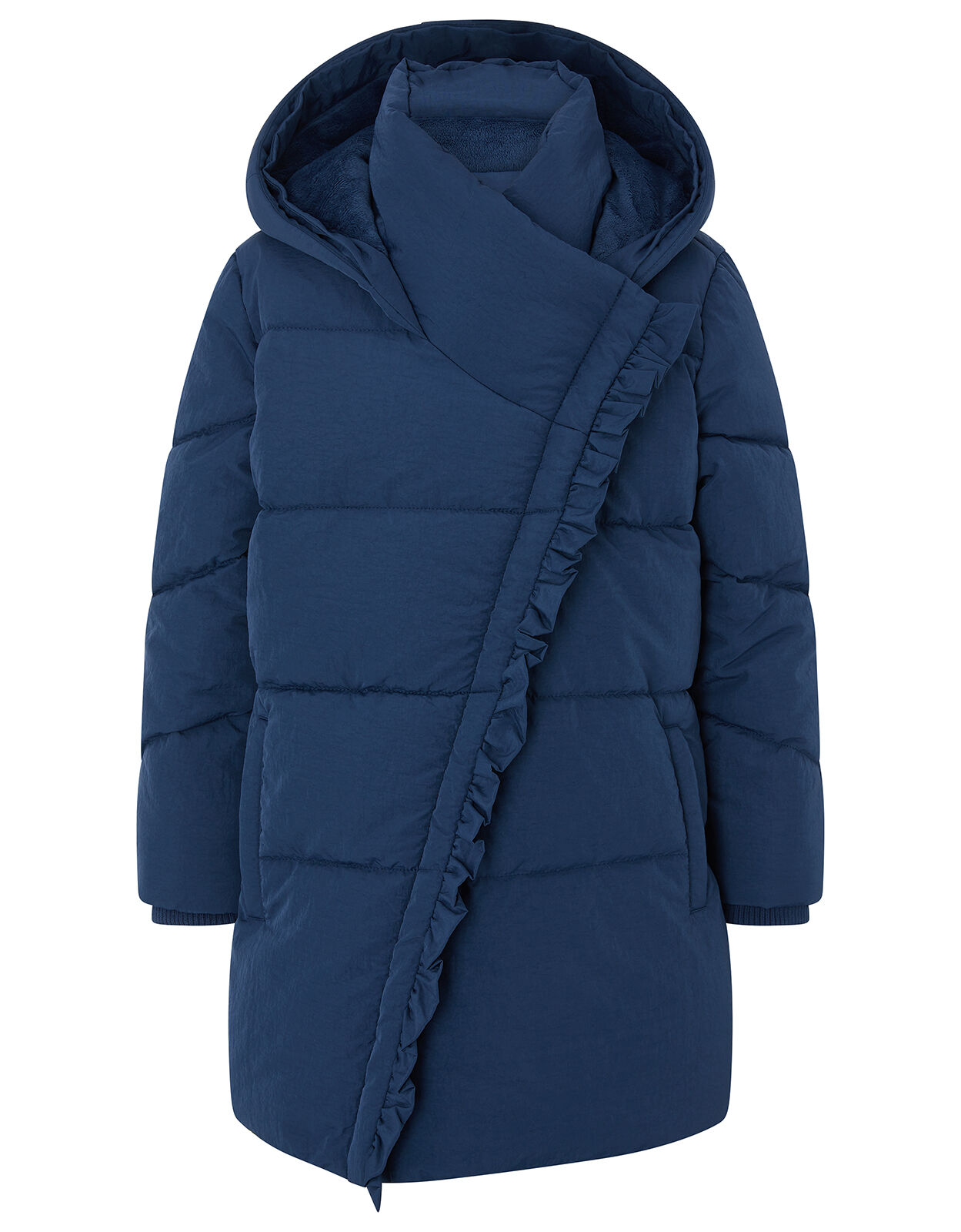 Ruffle Asymmetric Padded Coat with Recycled Fabric Blue