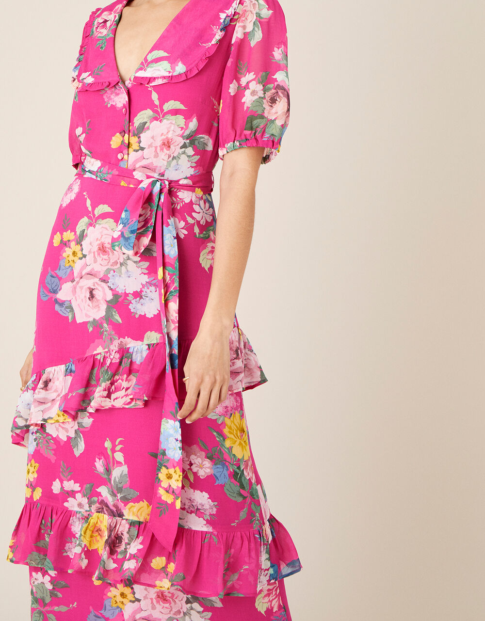 Sunset Bouquet Maxi Shirt Dress in Pink Multi Floral Linen Blend