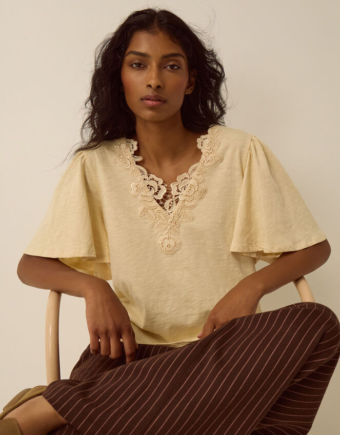 Layla V-Neck Lace Jersey Top, Yellow (BUTTER YELLOW), large