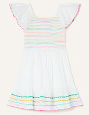 Shirred Ricrac Trim Dress in Sustainable Cotton, White (WHITE), large