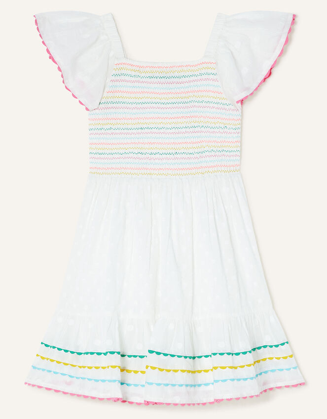 Shirred Ricrac Trim Dress in Sustainable Cotton, White (WHITE), large