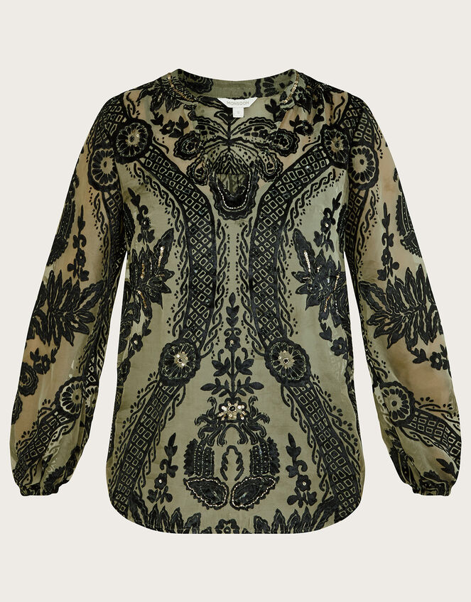 Diana Paisley Embellished Devore Blouse, Green (KHAKI), large